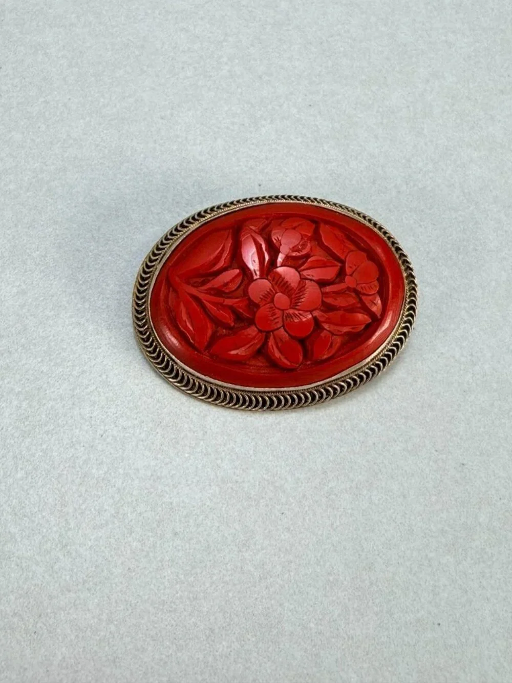 Vintage Chinese Cinnabar Carved Floral Brooch Gold Tone Oval Sterling Silver